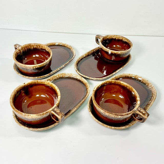 1980s Vintage Brutalist Boho Chic Arts & Crafts Lava Drip Ironstone Luncheon Sets - 8 Pieces For Sale - Image 4 of 15