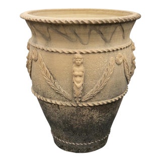 Vintage Italian Neoclassical Style Terracotta Garden Planter With Caryatid Reliefs For Sale