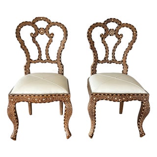 Pair of Anglo-Indian Bone-Inlaid Teakwood Side Chairs Mughal Revival For Sale