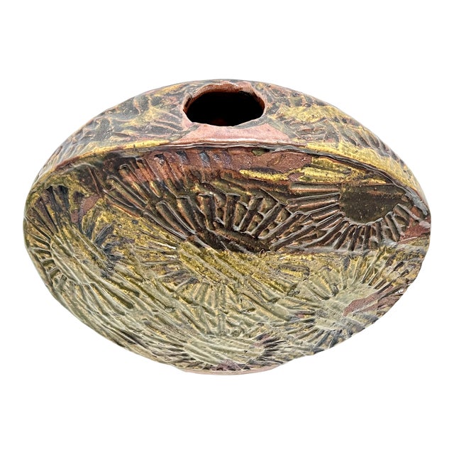 1970s Studio Art Pottery Disc Sculptural Vase Signed by Aleph Hammer For Sale