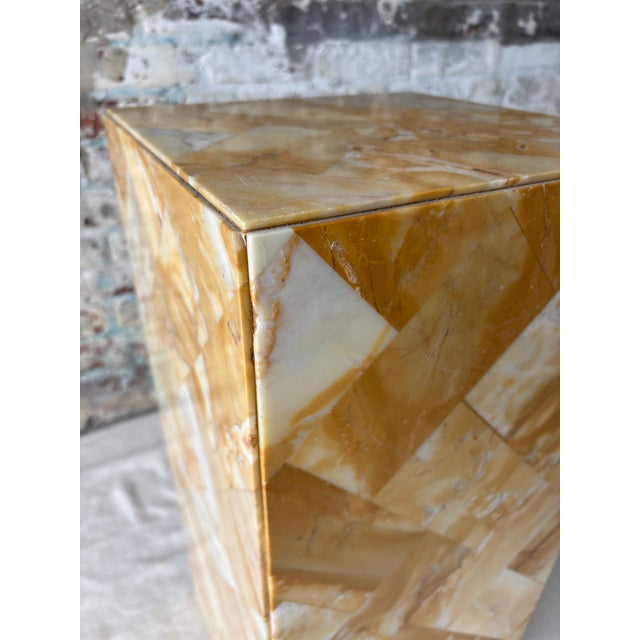 Orange Antique Golden Stone Mosaic Pedestal With Geometric Inlay For Sale - Image 8 of 10
