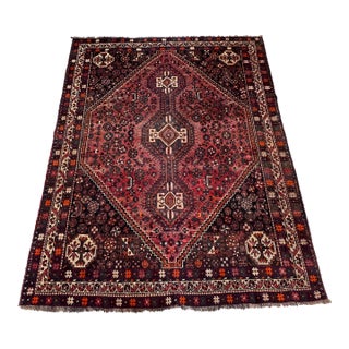 Red Qashqai Tribal Hand-Knotted Wool Rug - 6'6" X 8'1" For Sale