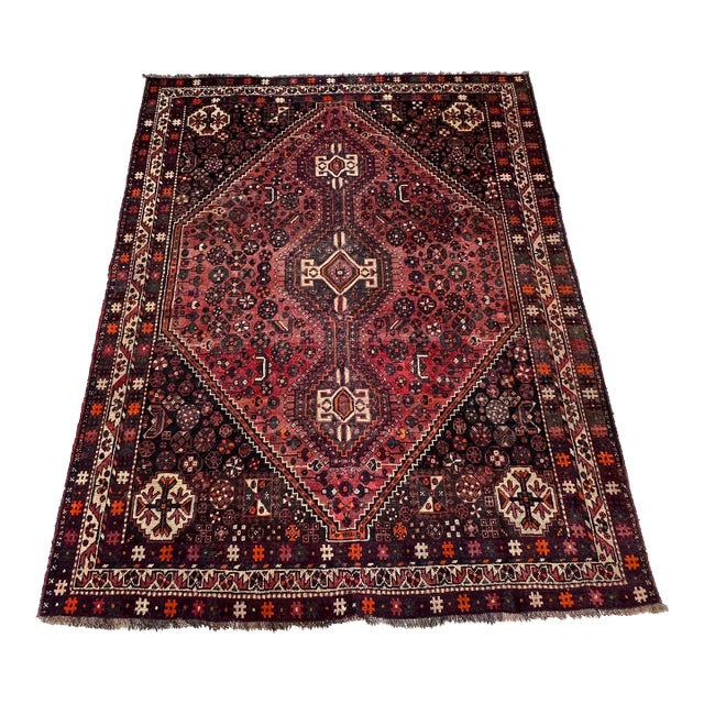Red Qashqai Tribal Hand-Knotted Wool Rug - 6'6" X 8'1" For Sale