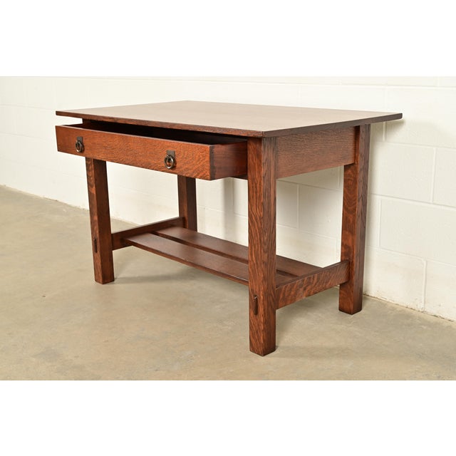 Stickley Brothers Antique Mission Oak Arts & Crafts Desk or Library Table, Newly Refinished For Sale In South Bend - Image 6 of 13