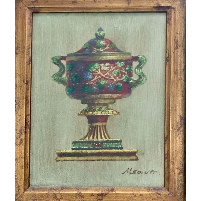 Late 20th Century Painting Classic Urn Oil on Canvas Lidded Vase Signed Medina Vintage Rococo Art For Sale - Image 4 of 6
