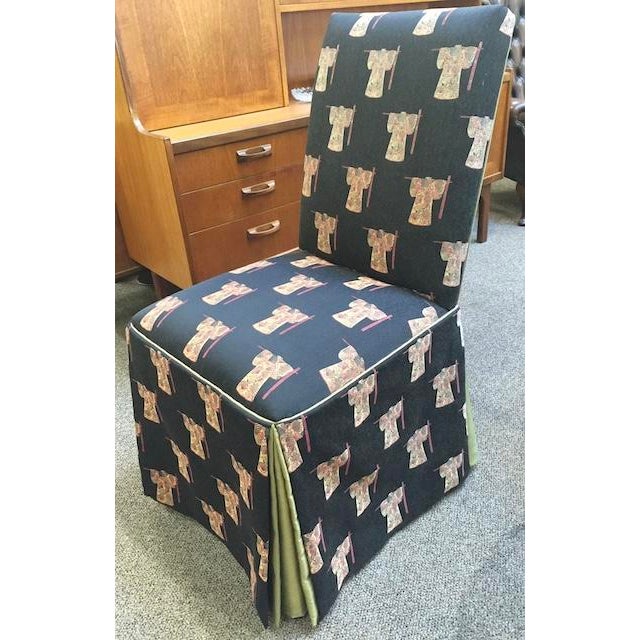 Royal Blue Set of Five Parson Style Custom Chairs With Asian Upholstery, Skirted Bottom With Silk Inner Lining. For Sale - Image 8 of 14