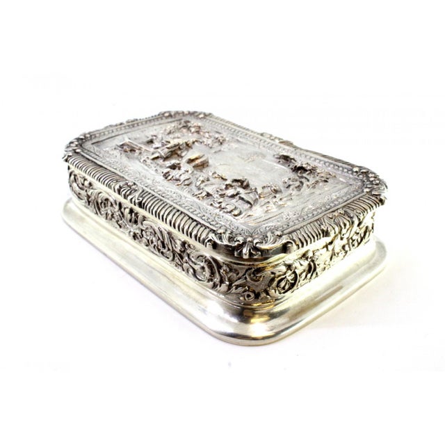 Silver Box with Relief Country Motifs, Frieze Lid and Garlands For Sale - Image 3 of 10