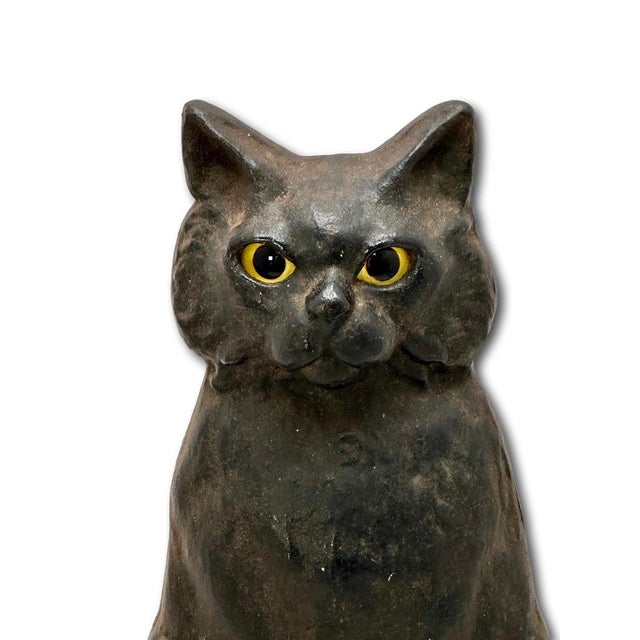 Rare & Unusual Large 13 Inch Tall Antique Cast Iron Seated Cat Doorstop With Realistic Glass Eyes Circa 1920s For Sale - Image 10 of 18