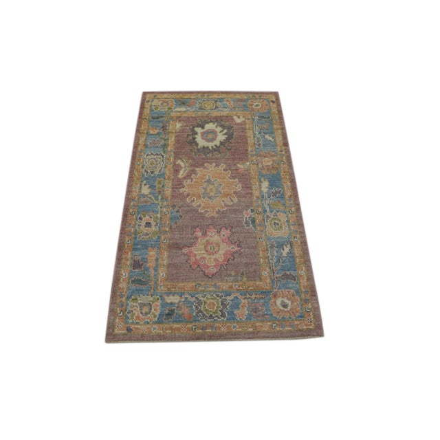 Early 21st Century Blue & Mauve Handwoven Turkish Oushak Rug 3' X 5' For Sale - Image 5 of 5