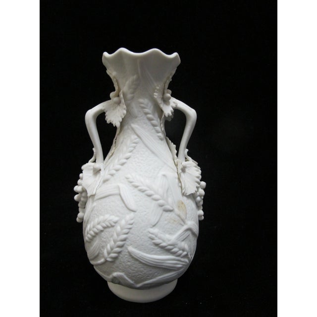 White White Parian Bisque Porcelain Raised Wheat & Grape Pattern Handled Vase Pair For Sale - Image 8 of 11