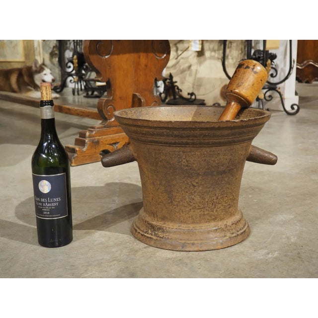 Large French Antique Cast Iron Mortar With Pestle, Circa 1800 For Sale - Image 4 of 11