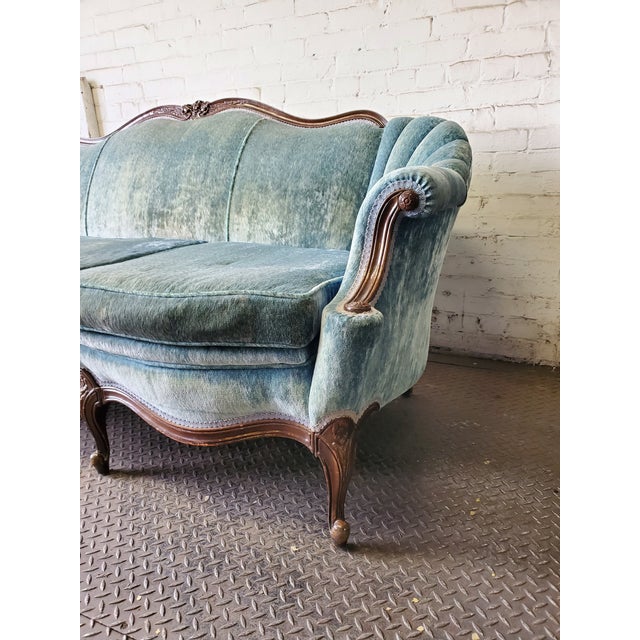 Victorian Antique Carved Wood Blue Velvet Sofa | Chairish