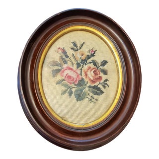 Early 20th Century Framed Embroidered Needlepoint Floral Wall Decor For Sale