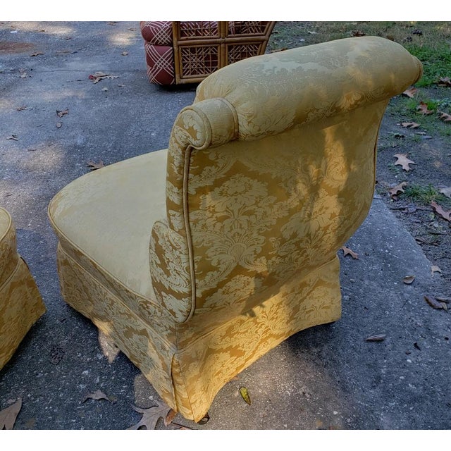 Textile Pair Scroll-Back Slipper Chairs in Yellow Floral Damask Brocade, Pair For Sale - Image 7 of 8