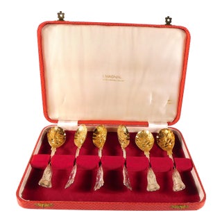 1970s Set of Six Gold and Silver Dessert Spoons From I. Magnin in Red Case For Sale