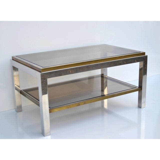 Signed Willy Rizzo Two-Tier Chrome & Brass Coffee Table Smoked Glass Italy 60s For Sale - Image 10 of 12