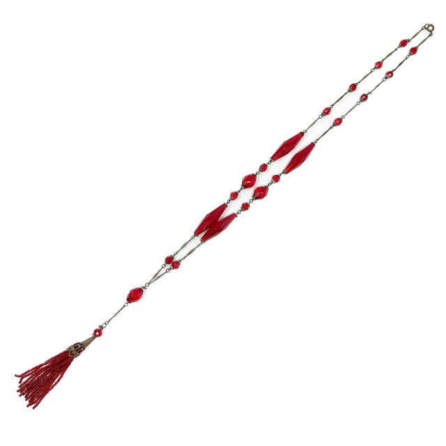 Art Nouveau Red Glass and Gilded Metal Tassel Necklace, 1890s For Sale - Image 4 of 8