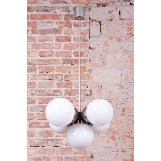 Mid-Century Modern Chandelier in Chromed Steel and Opaline Glass, Czech, 1960s For Sale - Image 6 of 10