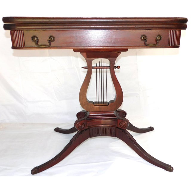 Late 1930s Vintage Lexington Chair Company Mahogany Veneer Lyre Flip-Top Game Table For Sale - Image 4 of 18