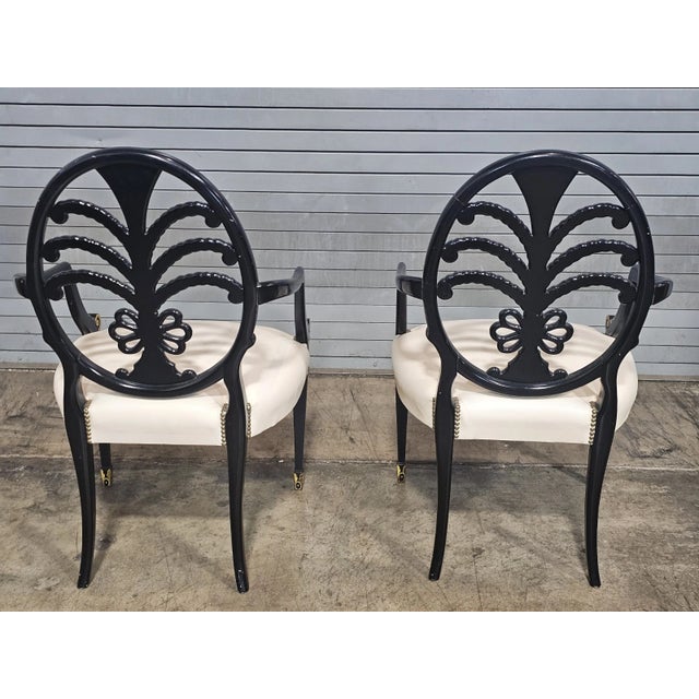 Late 20th Century Pair of Karges Hepplewhite Plum Arm Chairs Ebonized, Carved Hand Painted Leather Fabric For Sale - Image 11 of 12