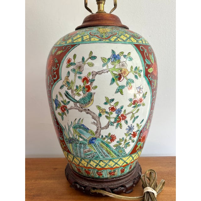 Wood Vintage Asian Handpainted Lamp For Sale - Image 7 of 8
