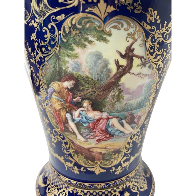 Limoges, France Large Vintage Limoges France Cobalt Blue Gold Courting Couple Handpainted Urn For Sale - Image 4 of 11