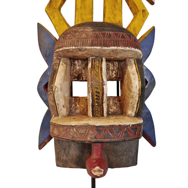 Tribal Vintage Colorful Burkina Faso Mali Mask on Stand For Sale - Image 3 of 10