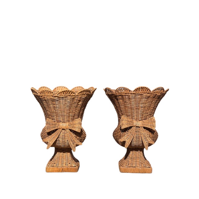 Coastal Pair Woven Rattan/Wicker Urns With Bows For Sale - Image 3 of 14