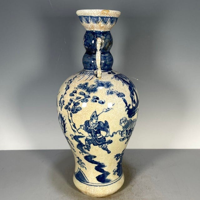 Chinese Blue & White Crackle Glaze Porcelain Vase With Figural Scene For Sale - Image 4 of 9