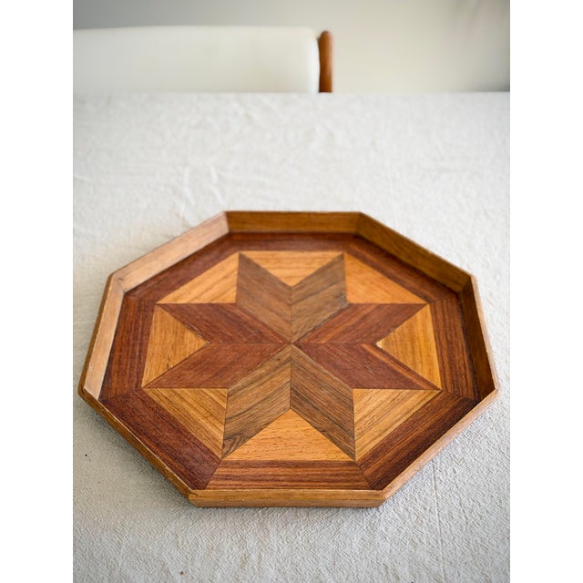 20thC Mid-Century Modern Danish Teak Starburst Inlay Tray, 15” Octagonal, Scandinavian Marquetry For Sale - Image 9 of 11