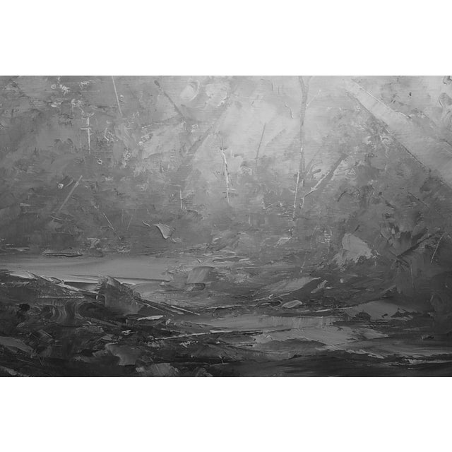 This artwork presents an ethereal landscape rendered in a monochromatic palette, where soft, swirling textures evoke a...