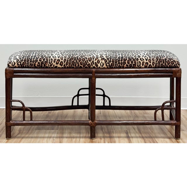 Vintage Chinoiserie Style Leopard Print Velvet Upholstered Rattan Bench For Sale In Kansas City - Image 6 of 9