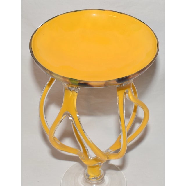 Mid-Century Modern Vintage MCM Jozefina Krosno Hand Blown Jelly Fish Compote Yellow Cased Glass Bowl For Sale - Image 3 of 5