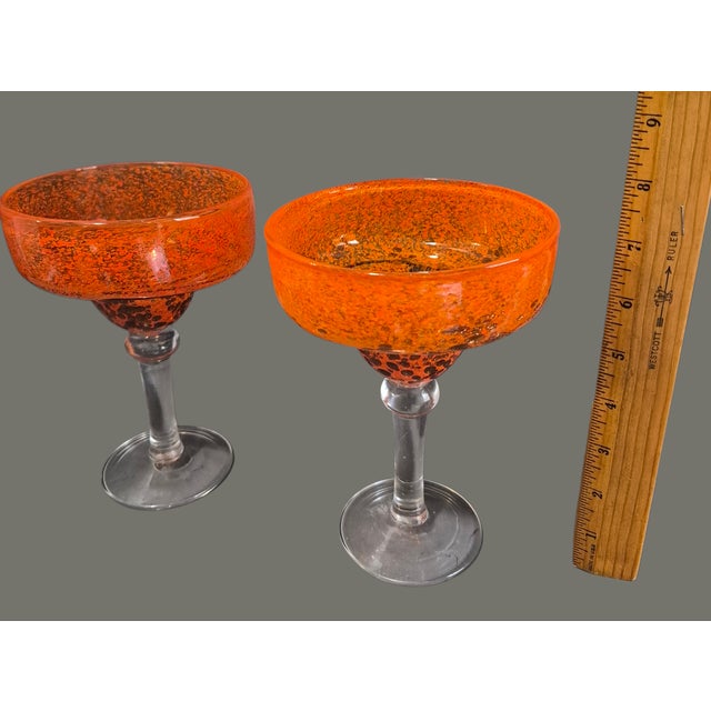 Glass Late 20th Century Pair of Hand Blown Art Glass Orange Margarita Glasses For Sale - Image 7 of 8