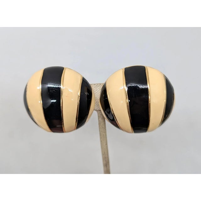 1980s Vintage 1980s Signed Ciner Goldtone Black & Ivory Enamel Striped Clip Earrings-2 Pieces For Sale - Image 5 of 7