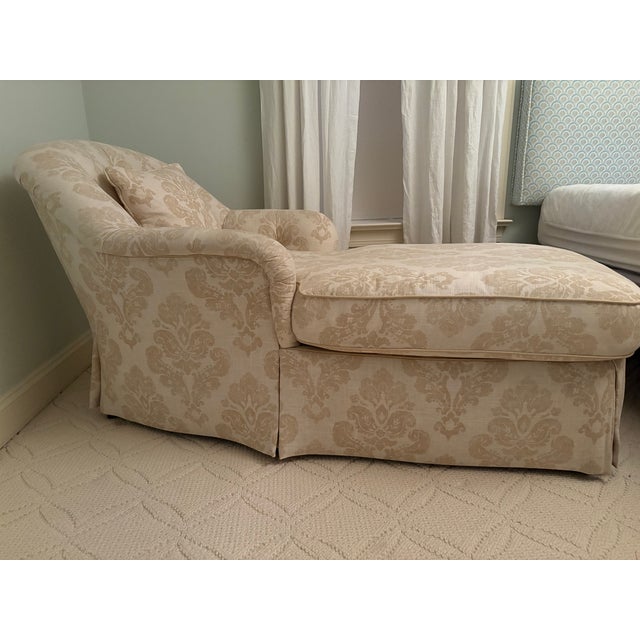 Custom chaise with English arm and tufted back in beige linen damask fabric