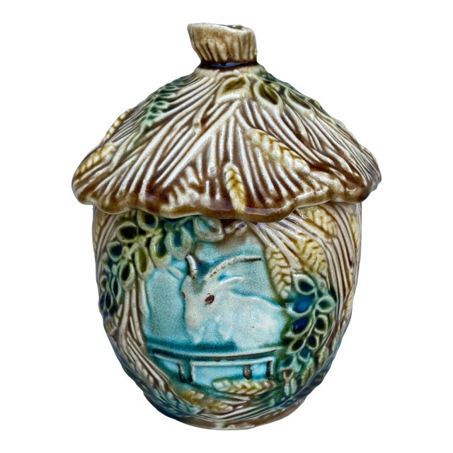 19th Century Majolica Goat Tobacco Jar Onnaing For Sale