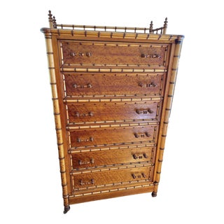 Antique Bird’s-Eye Maple Faux Bamboo Six Drawer Chest of Drawers For Sale