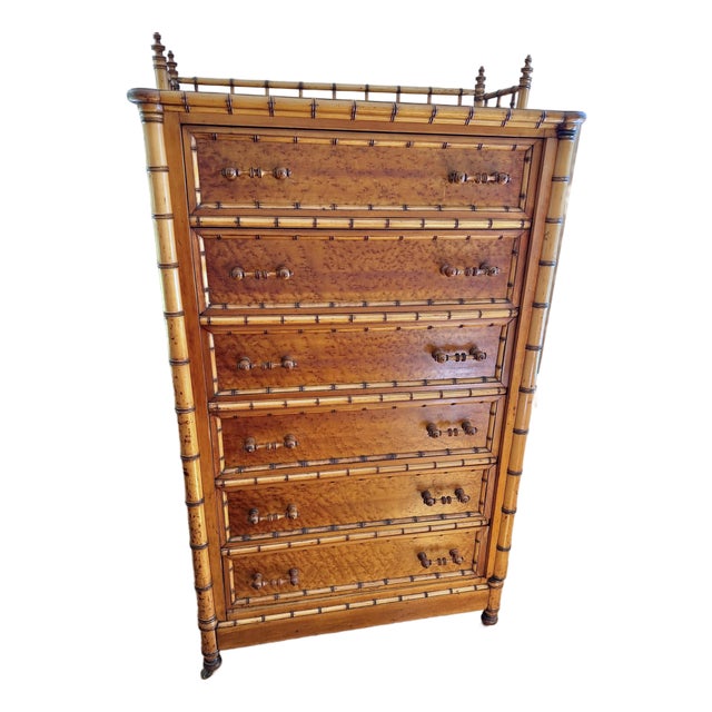 Antique Bird’s-Eye Maple Faux Bamboo Six Drawer Chest of Drawers For Sale
