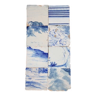 18th Century Portuguese Blue & White Scenic Baroque Tiles, Antique Set of 8 For Sale
