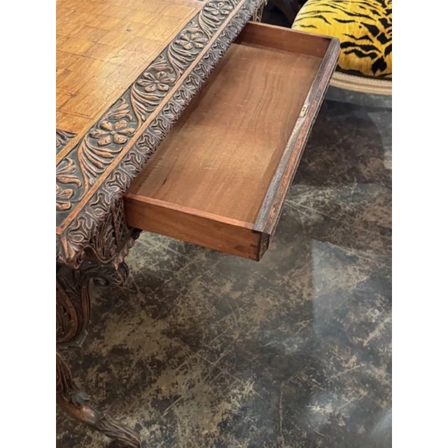 Traditional Anglo Indian Carved Oak Writing Table For Sale - Image 3 of 8