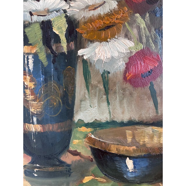 Vintage Original Floral Oil Painting With Wildflowers in Blue Vase For Sale - Image 11 of 14