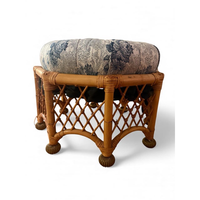1980s Late 20th century Rare Mackenzie-Childs Rattan Footstool With Tufted Cushion For Sale - Image 5 of 10
