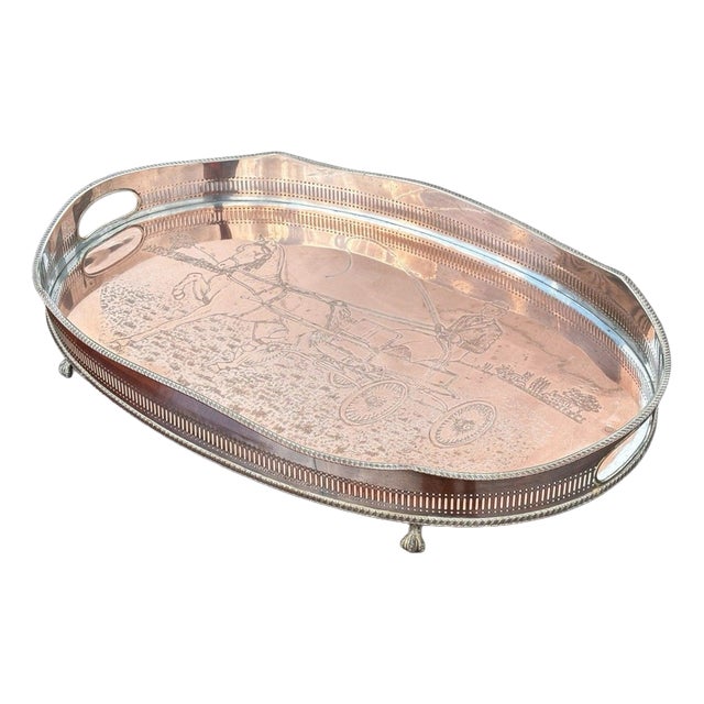 Large Silver Plate Gallery Drinks Tray with Equestrian Copper Engraving For Sale