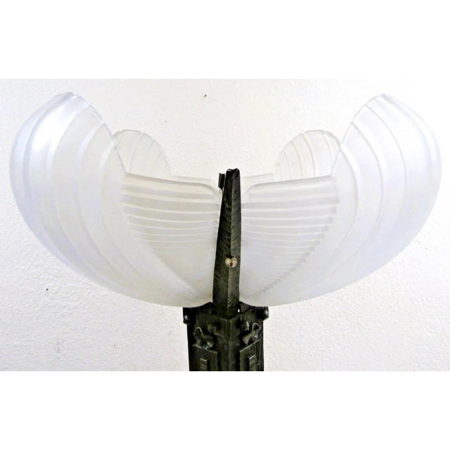 Metal 1930s French Art Deco Wrought Iron and Sculpted Frosted Glass Torchiere Floor Lamp Attributed to Atelier Petitot and Muller Frères For Sale - Image 7 of 18