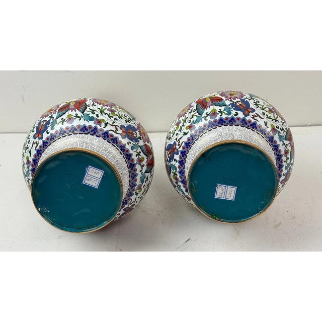 White Pair of Chinese Cloisonne Enamel Vases Lotus White and Floral Butterflies For Sale - Image 8 of 10