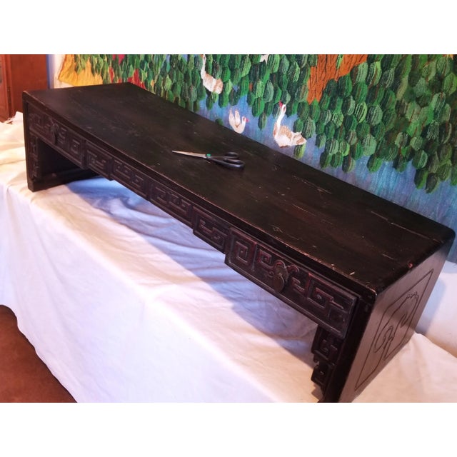 Chinese 1940s Chinese Carved Elmwood Narrow Low Coffee Table With Two Drawers For Sale - Image 3 of 12