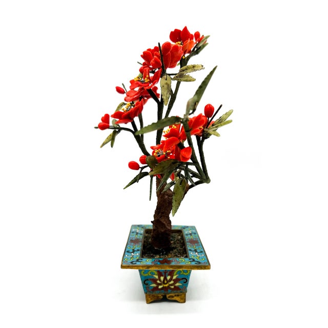 Stone Vintage Cloisonné Flowering Jade Bonsai Tree in Enamel Planter | Chinoiserie Décor Accent - Hollywood Regency, Asian Inspired, Traditional For Sale - Image 7 of 12