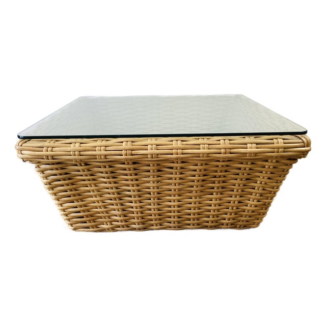 Vintage 1980s Woven Rattan / Reed Square Coffee Table McGuire Style For Sale
