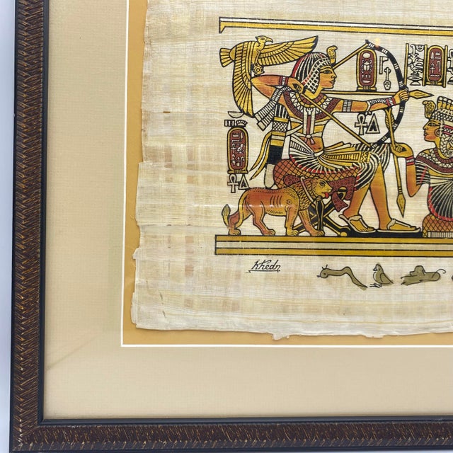 Wood Framed Hand-Painted Egyptian Papyrus King Tutankhamun and Queen Ankhesenamun in a Traditional Royal Hunting Scene by Khedn For Sale - Image 7 of 10
